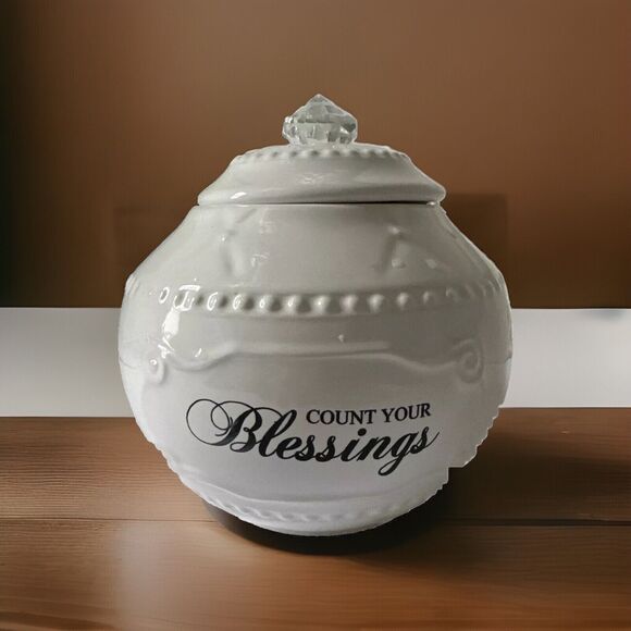 COUNT YOUR BLESSINGS JAR White Cookie Candy Wedding Baby Shower Gift Ceramic - Picture 1 of 7